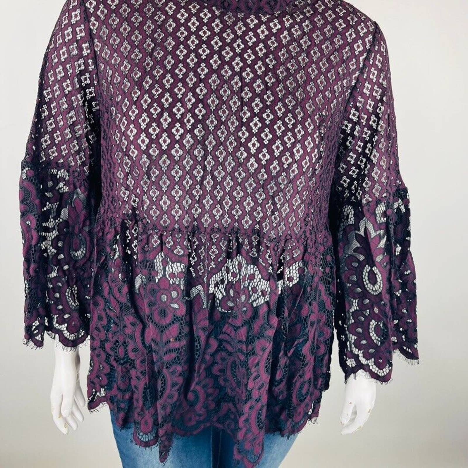 Lane Bryant Womans Sz 18 Plus Blouse Top Floral Maroon Black Floral Lace — image 5 of 8